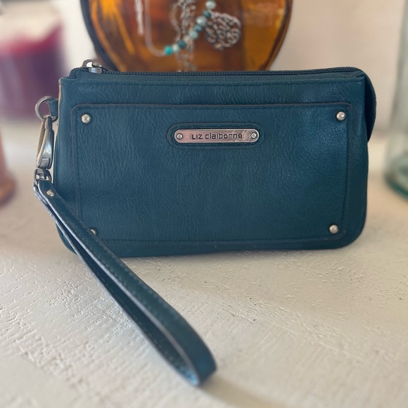 Vintage/Discontinued Liz Claiborne Dark Teal Green Pebbled Wristlet Clutch - Picture 7 of 13